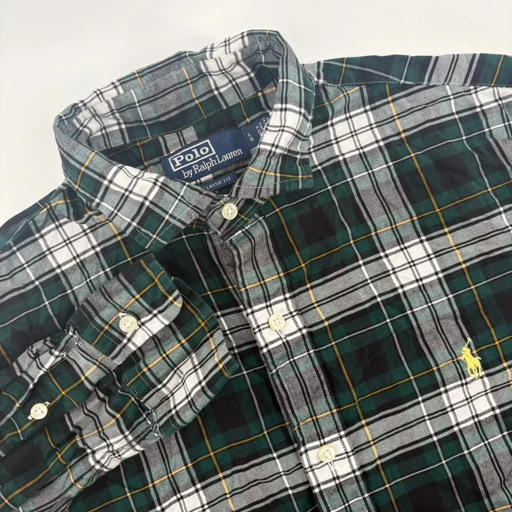 Polo Ralph Lauren Large Classic Fit Green Plaid Button Down Shirt Long Sleeve
